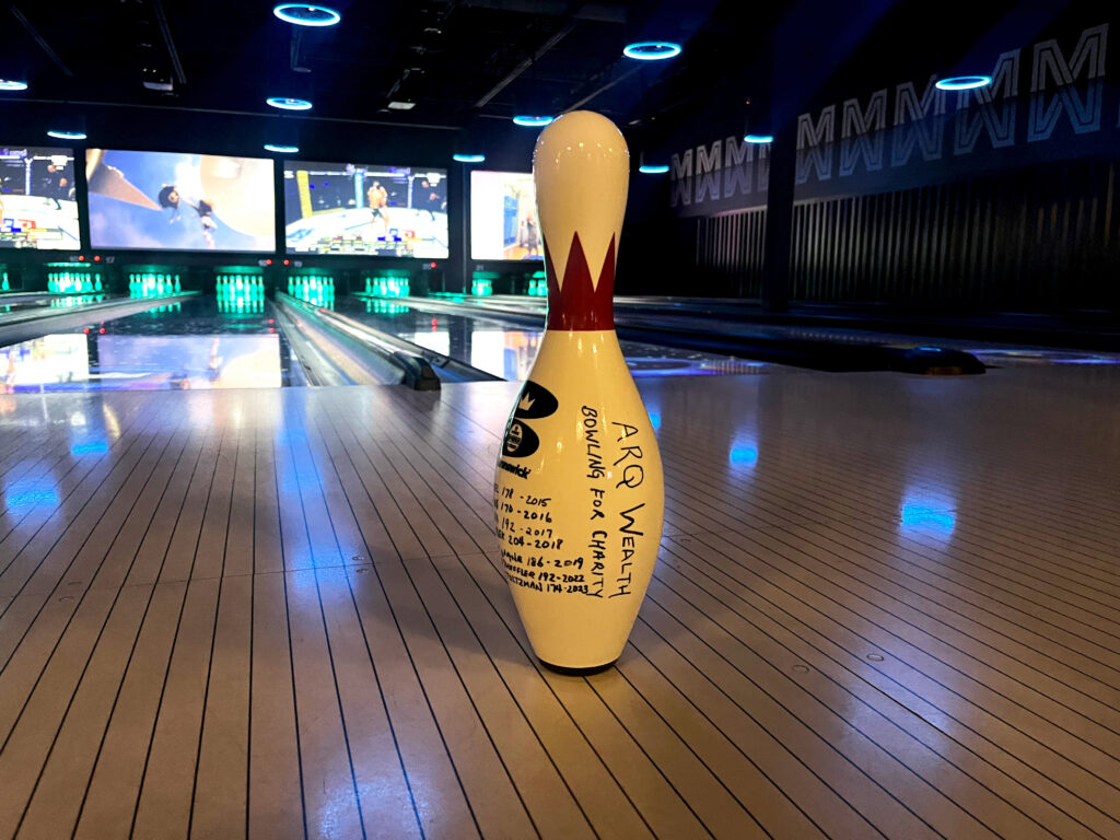 Image of bowling pin at the ARQ Wealth Charity event. 