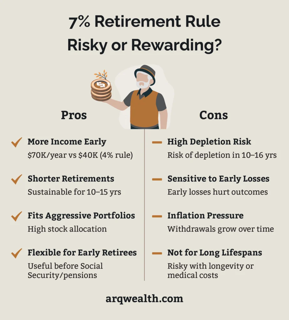 An infographic listing the pros and cons of the 7% retirement rule.
